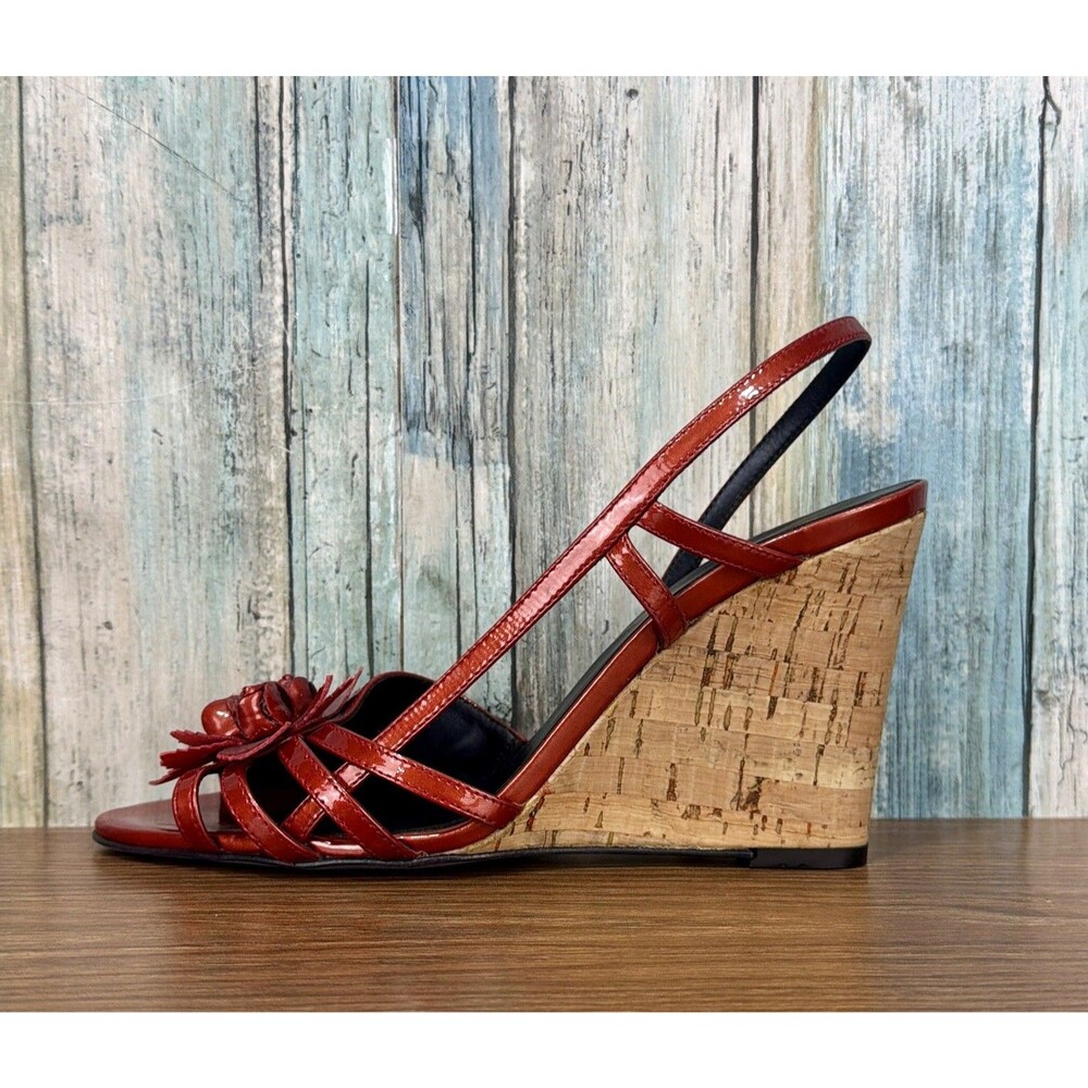 Donald J Pliner Womens 9.5 Red Leather Cork Wedge Slingback Flower Sandals - Picture 4 of 12